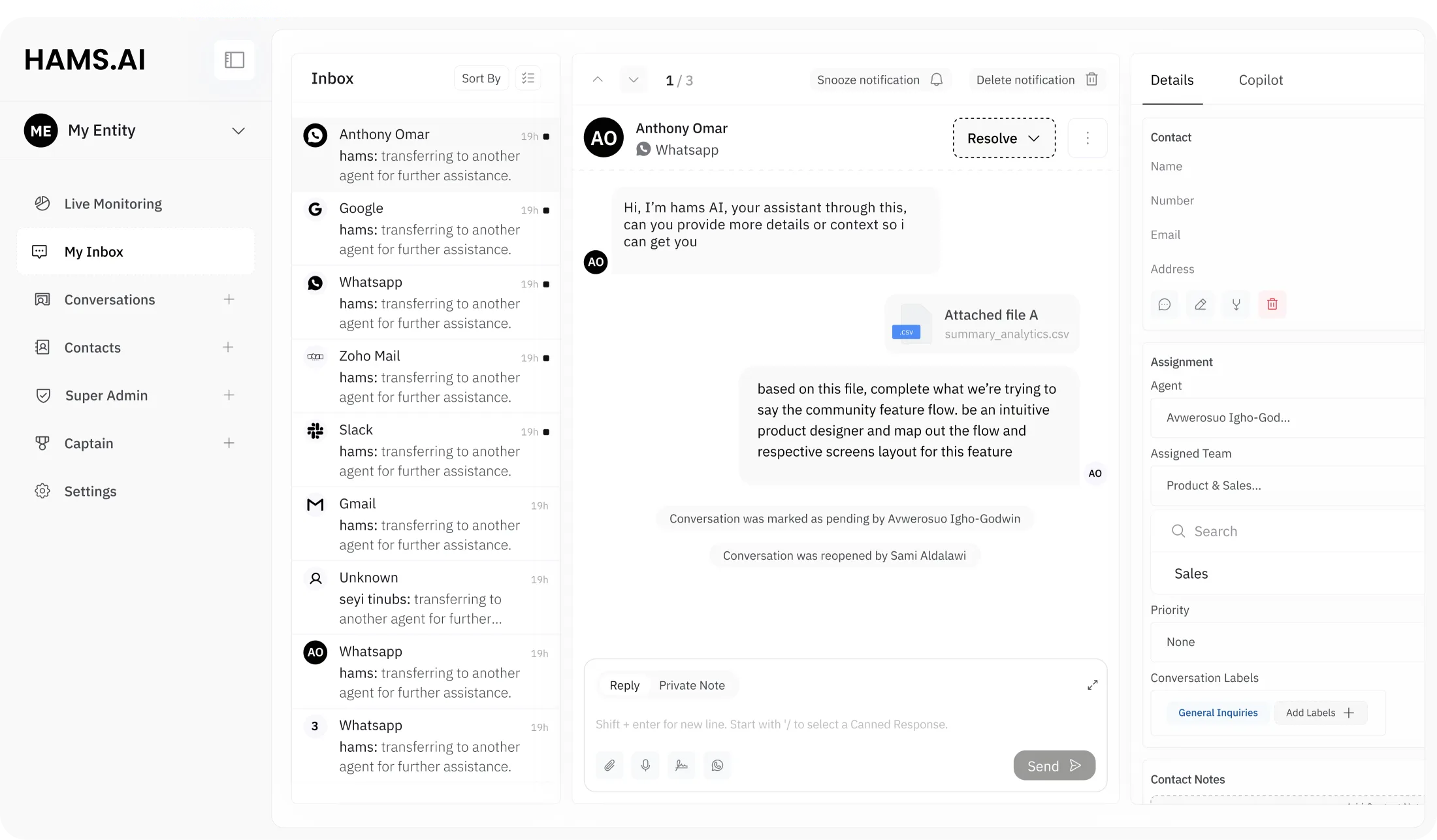 HAMS.AI live monitoring dashboard